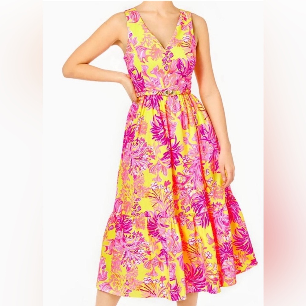 NWOT Lilly Pulitzer Bri V-Neck Cotton Midi Dress Calla Yellow Floral Coral 4